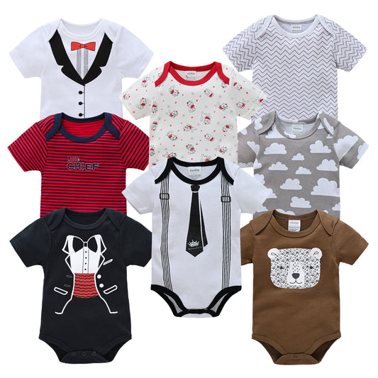 Assorted baby short-sleeve cotton rompers with tuxedo, tie, stripes, clouds, bear, and cartoon prints.