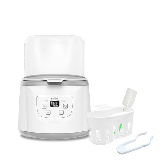 White and grey dual bottle warmer with digital display, plus a white accessory basket and tongs.