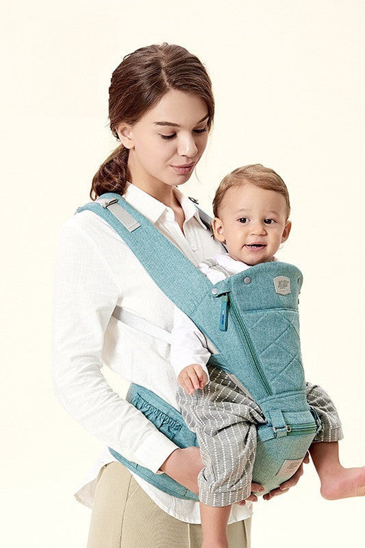 Woman carrying baby in a teal ergonomic hip seat carrier, with "Easy to use" steps.