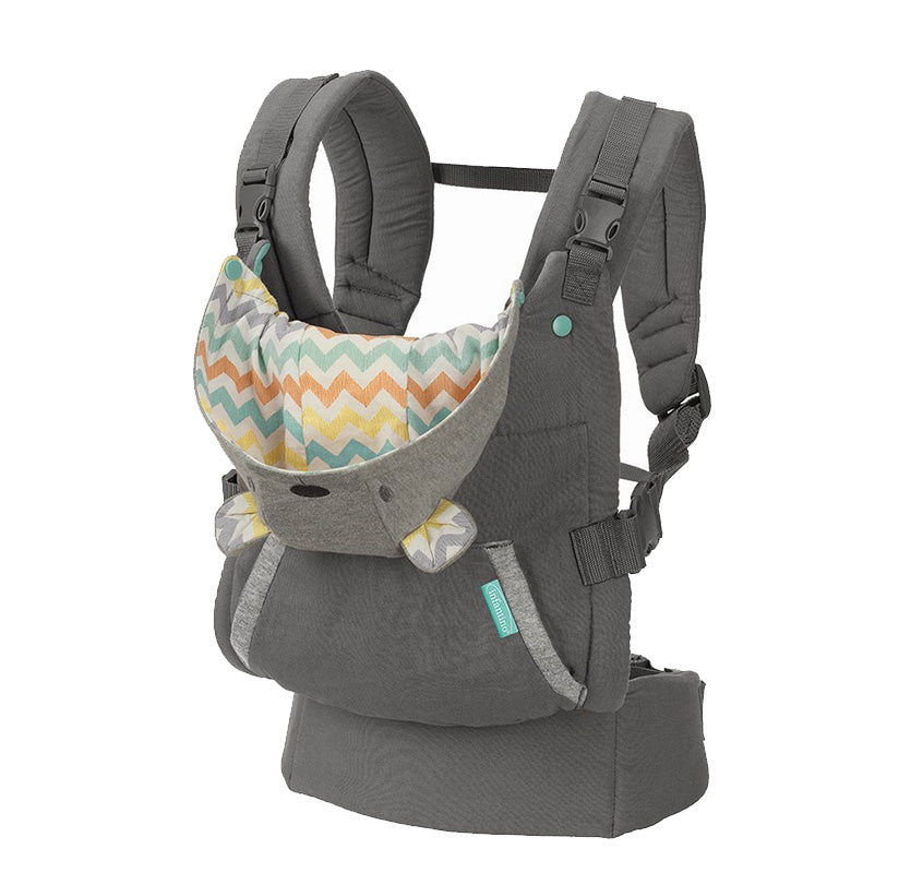 Gray ergonomic baby carrier with a colorful chevron pattern lining and bear ear details.