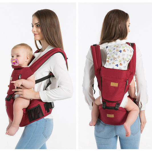 Woman carrying baby in a red ergonomic baby carrier with breathable waist seat, front and back views.