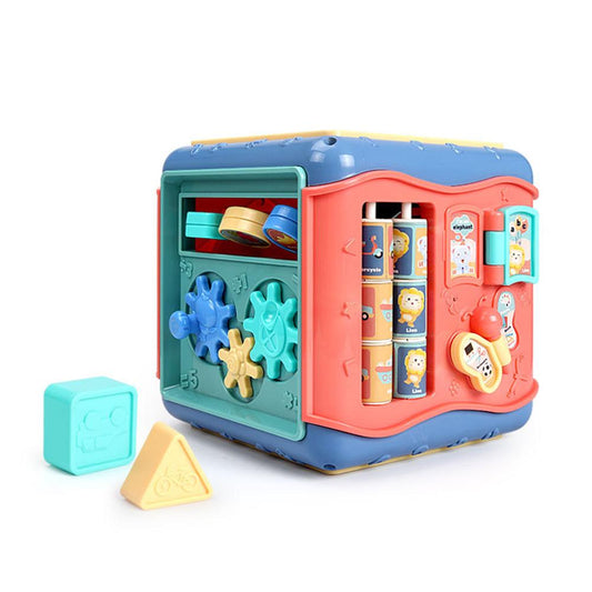 Colorful Montessori hexagonal activity cube for babies, featuring gears, shape sorters, and interactive learning elements.