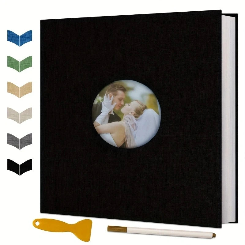Black linen photo album with a circular cover window displaying a couple, alongside color swatches and accessories.