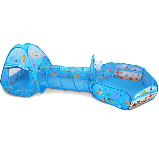 Blue 3-in-1 kids' play tent with tunnel, ball pit, and basketball hoop, featuring sea animal designs.