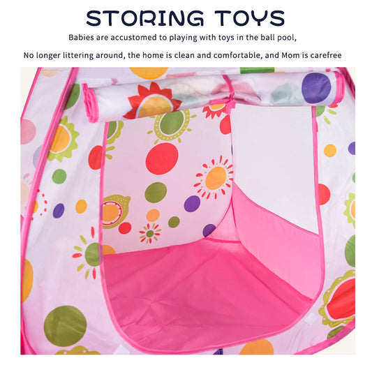 White and pink children's play tent with colorful sunflower and polka dot patterns.