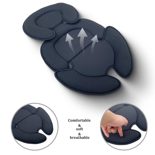 Dark gray universal baby stroller and car seat support cushion, soft and breathable with ergonomic head and body padding.