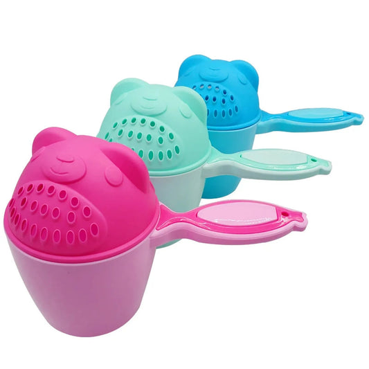 Pink, mint, and blue bear-shaped baby bath rinse cups with comfortable handles and gentle shower spouts.