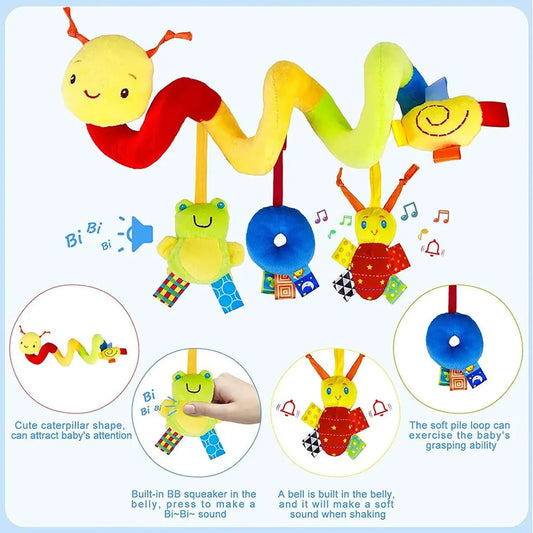 Colorful spiral caterpillar baby toy with hanging frog, bee, and blue ring, featuring rattles and squeakers.
