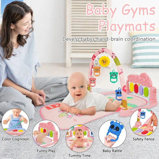Baby play mat with musical piano, arch with hanging toys, and a smiling baby.