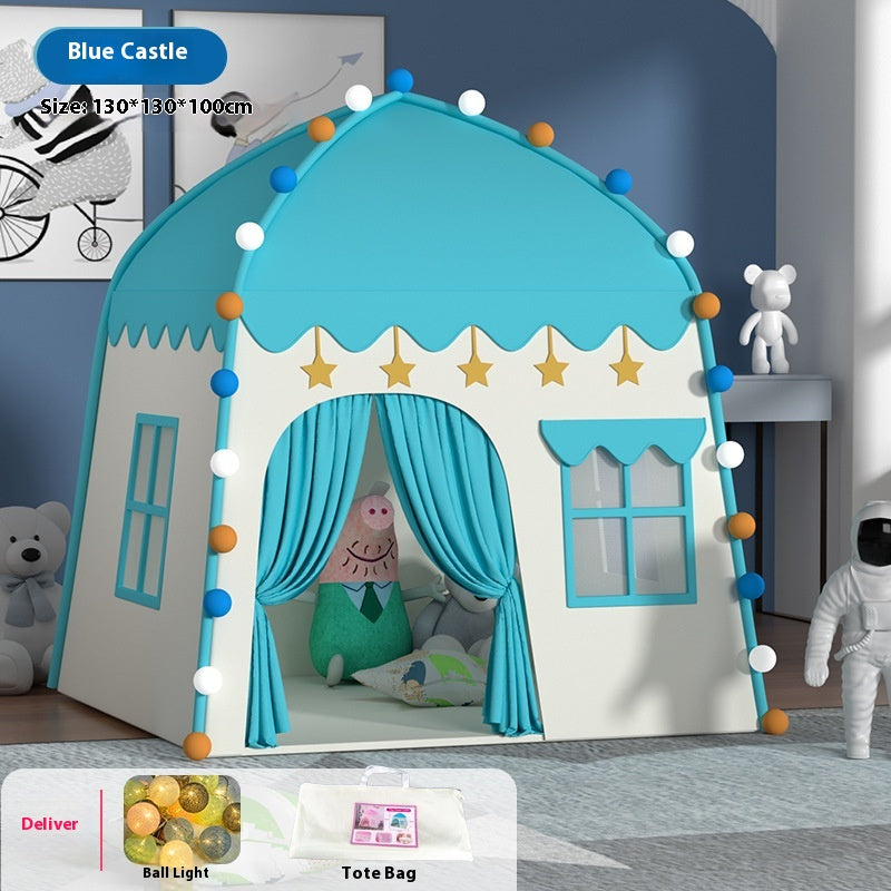 Blue castle play tent for kids with LED lights, a cozy indoor/outdoor playhouse.
