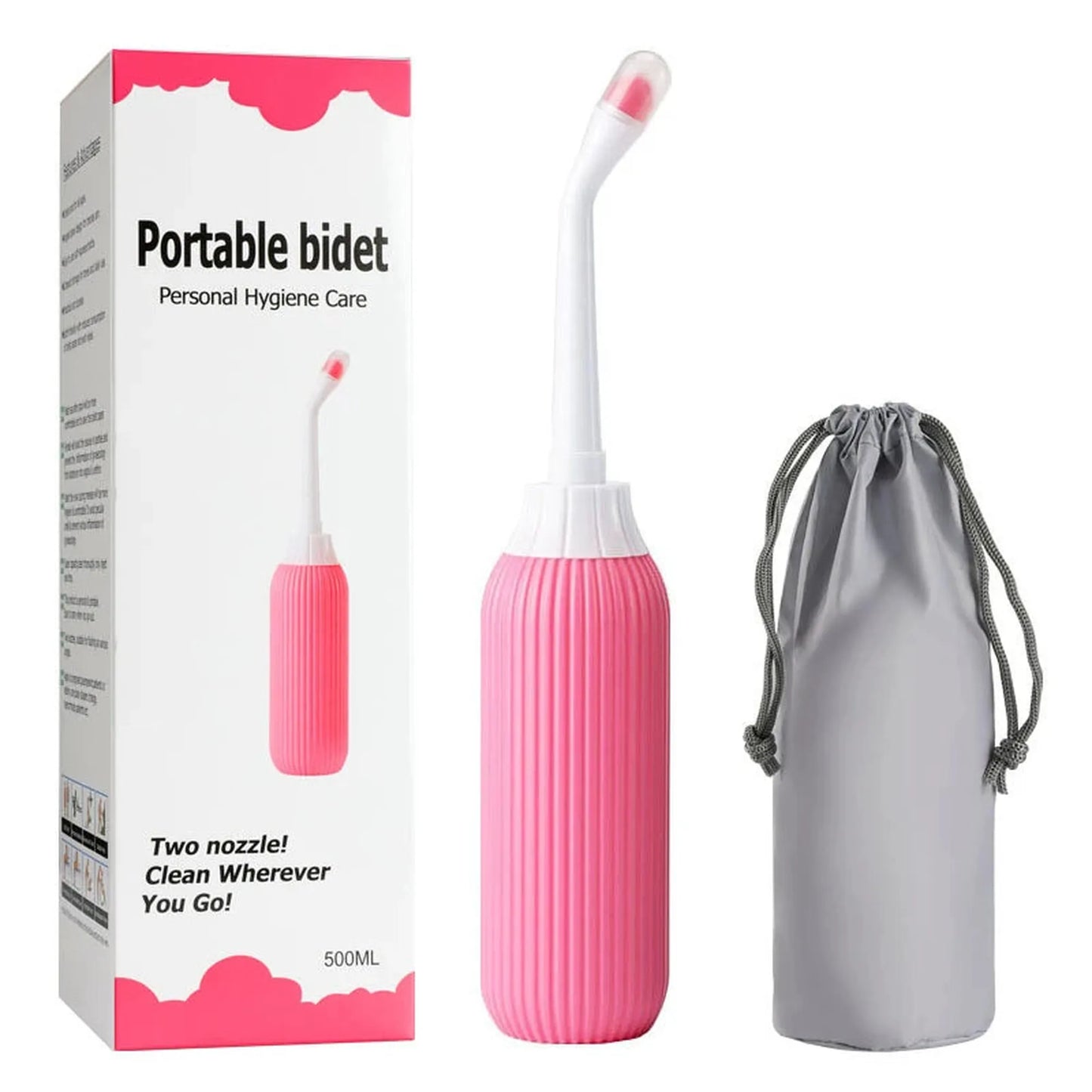 Pink 500ml portable bidet with angled nozzle, shown with its white box and gray drawstring travel bag.