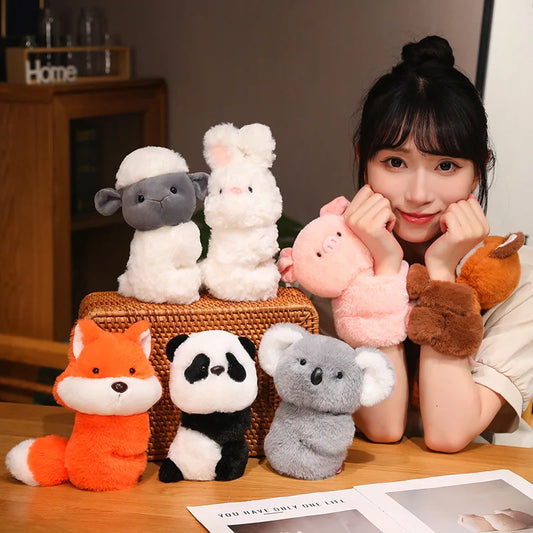 Soft 20cm plush animal toys: fox, panda, koala, sheep, bunny, and pig, held by a woman.
