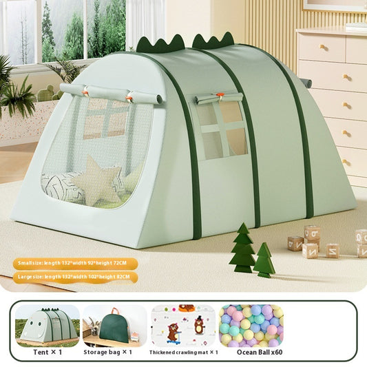 Green dinosaur-themed portable fabric play tent for kids, with mesh windows and a storage bag.