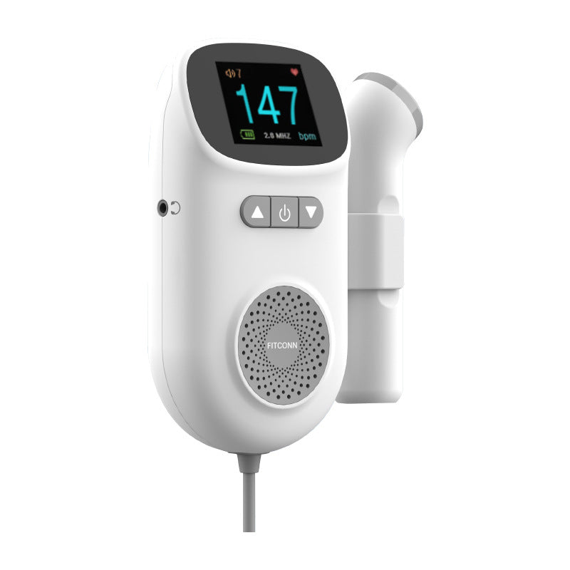 White digital fetal doppler monitor with a clear TFT screen displaying 147 bpm, speaker, and probe.