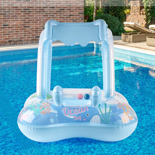 Blue inflatable kids' pool float with sun canopy, ocean graphics, and built-in toys.