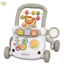 Adjustable white and gray baby walker with lion-themed activity panel and colorful toys.