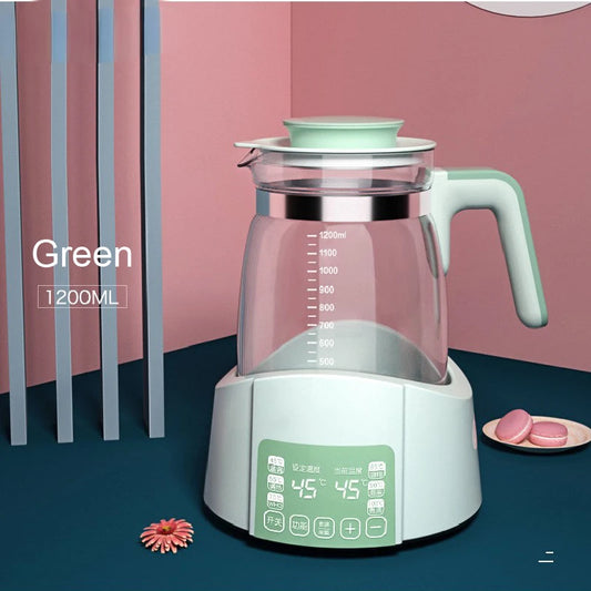 Smart baby milk warmer, 1.2L glass kettle with light green base, handle, and lid, digital display.