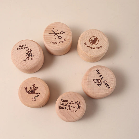 Six round natural beech wood keepsake boxes for baby's first tooth, curl, and umbilical cord.