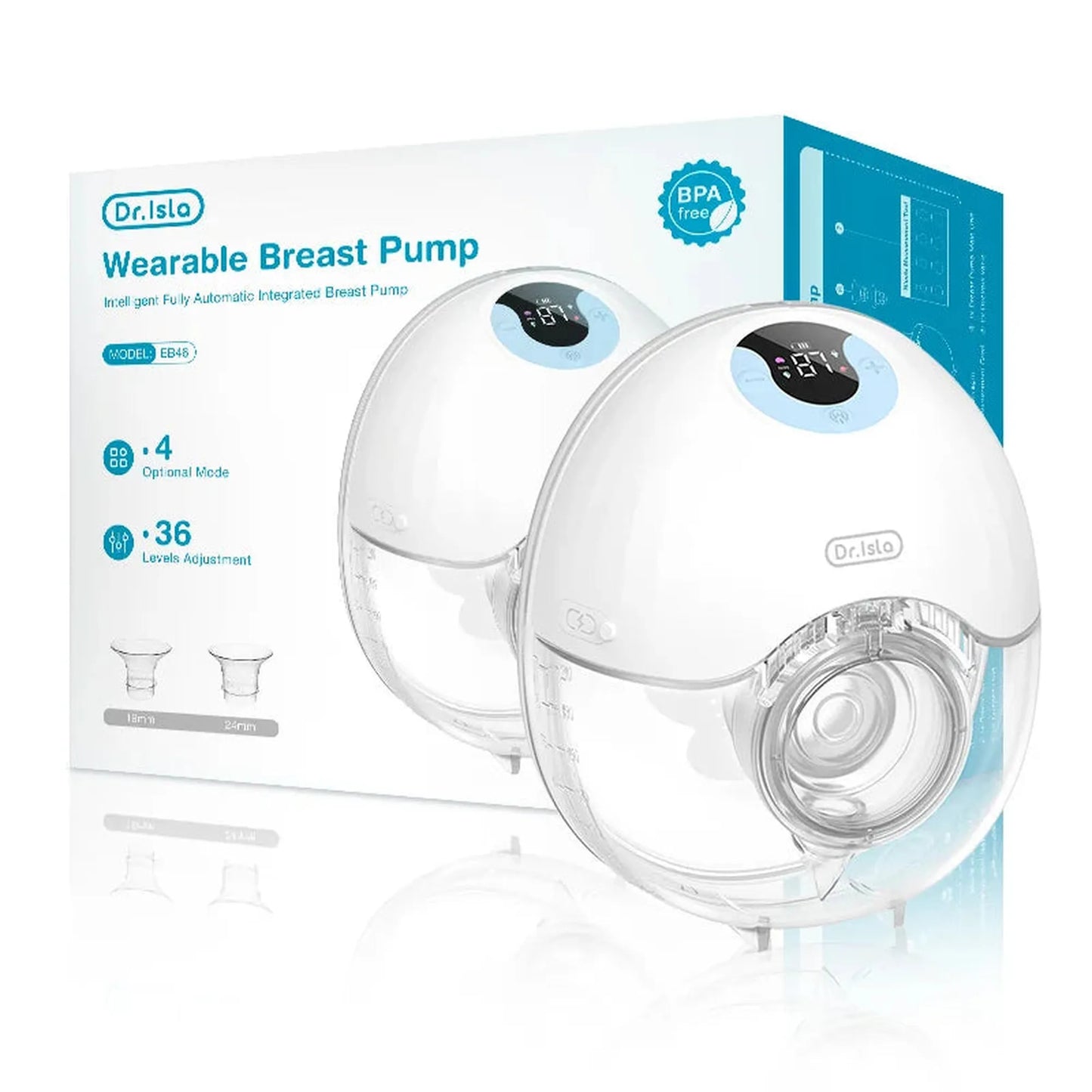 Dr. Isla wearable hands-free electric breast pump set, white with clear milk collection cups, 210ml capacity.