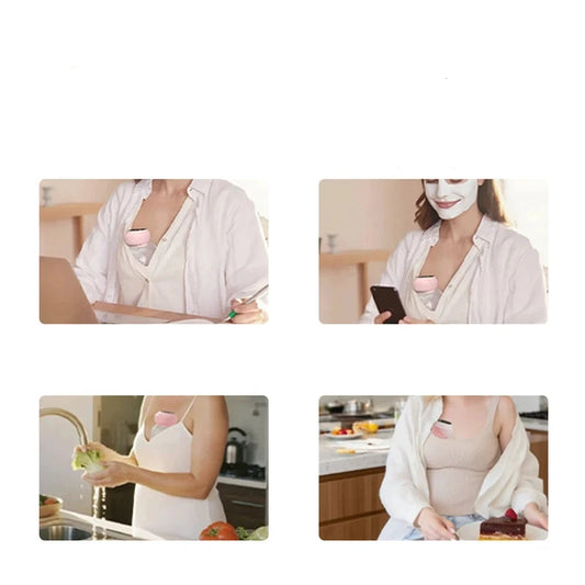 Wearable, hands-free electric breast pump in white and pink, shown in various daily activities.