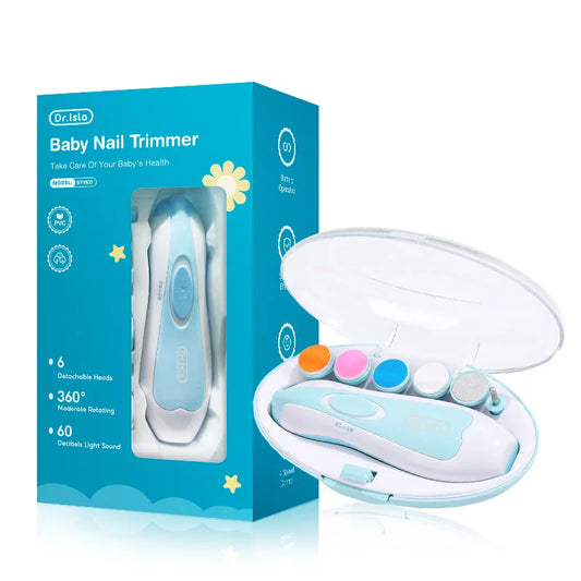 Blue and white Dr. Isla baby electric nail trimmer kit with LED light, multiple grinding heads, and storage case.