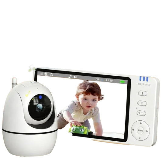 White baby monitor with a 5-inch LCD screen showing a baby, and a camera unit.
