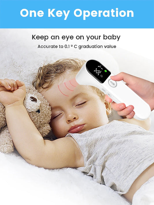 White digital non-contact infrared thermometer measuring a sleeping baby's forehead.