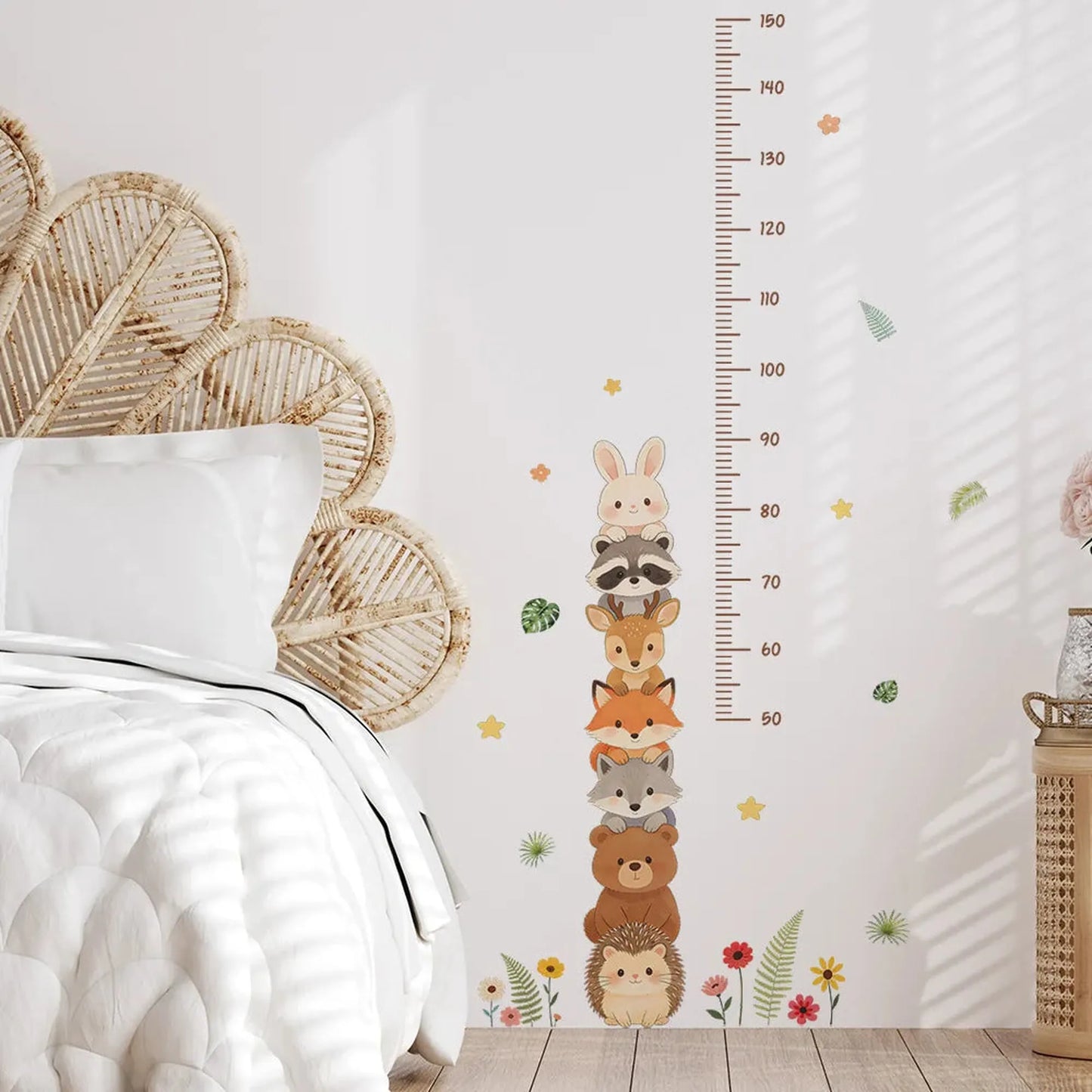 Forest animal height chart wall decal for nursery with cute stacked creatures.