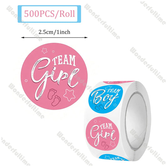 Pink "Team Girl" and blue "Team Boy" gender reveal stickers with footprints on a roll.