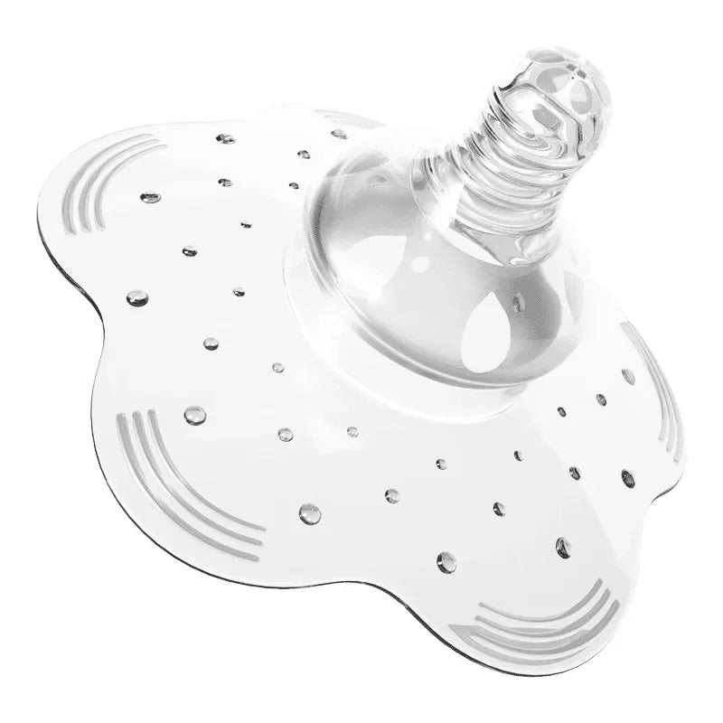 Clear silicone nipple shield for comfortable, safe breastfeeding, featuring a natural shape and airflow holes.