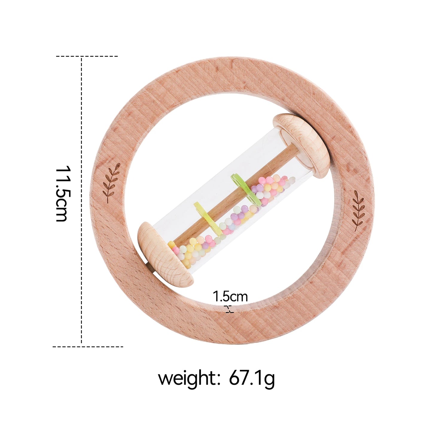 Montessori wooden rain stick rattle with colorful beads, 11.5cm diameter, 67.1g.