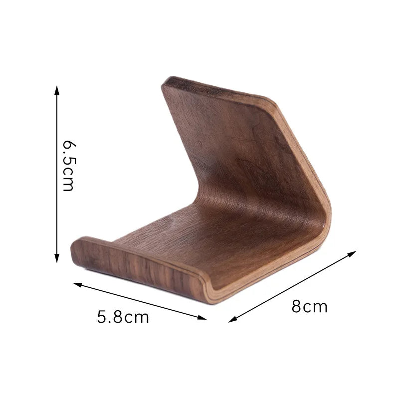 Minimalist dark walnut wood phone stand and business card holder, 6.5cm tall, 8cm deep, 5.8cm wide.