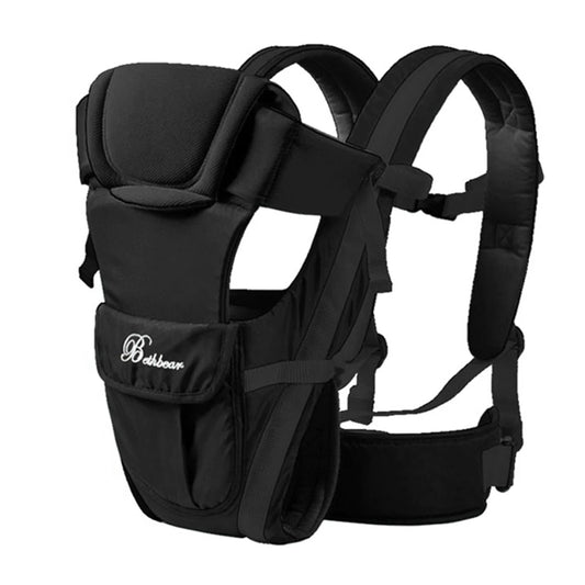Black ergonomic 4-in-1 baby carrier with padded straps, breathable fabric, and front pocket.