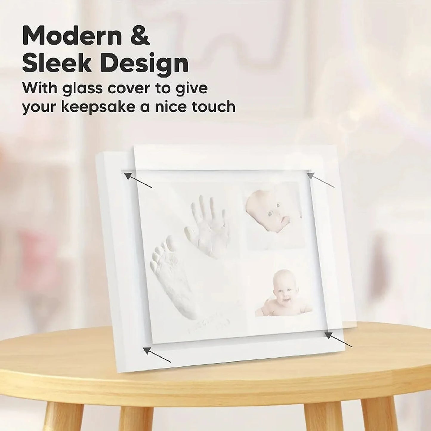 White classic baby handprint and footprint keepsake frame with two photo slots and glass cover.