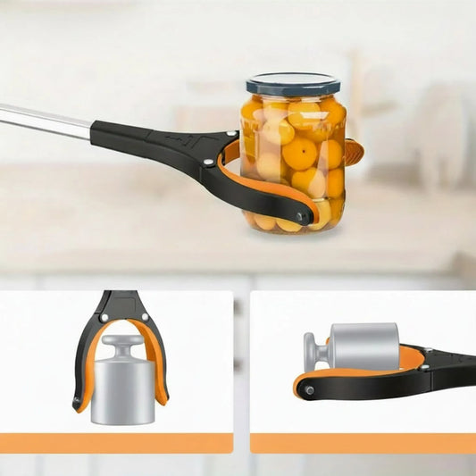 Black and orange 80cm foldable grabber tool with a 360-degree rotating head, holding a jar.