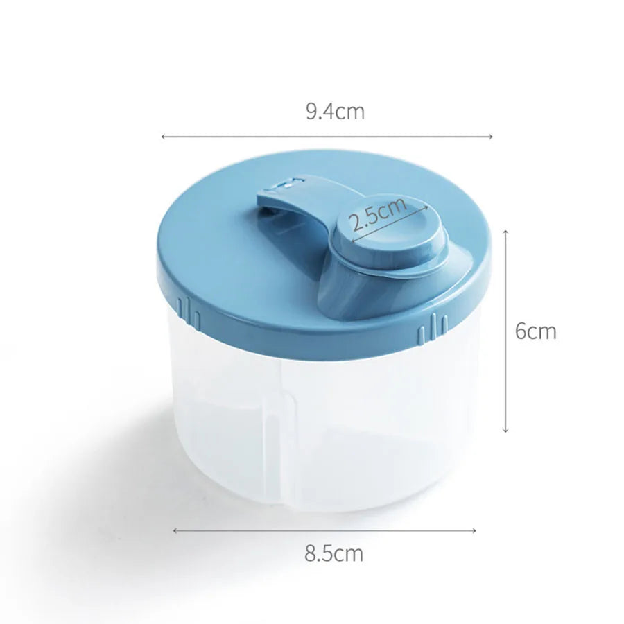 Portable baby formula dispenser with a blue lid, 4 clear compartments, and dimensions.