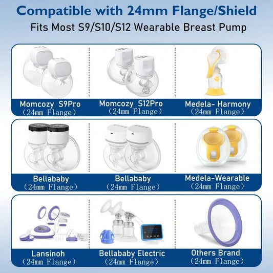 White silicone flange inserts for breast pumps, compatible with 24mm flanges and various wearable pumps.