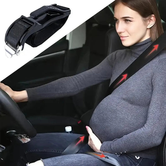 Black pregnancy seat belt adjuster shown with a pregnant woman driving, ensuring belly comfort and safety.