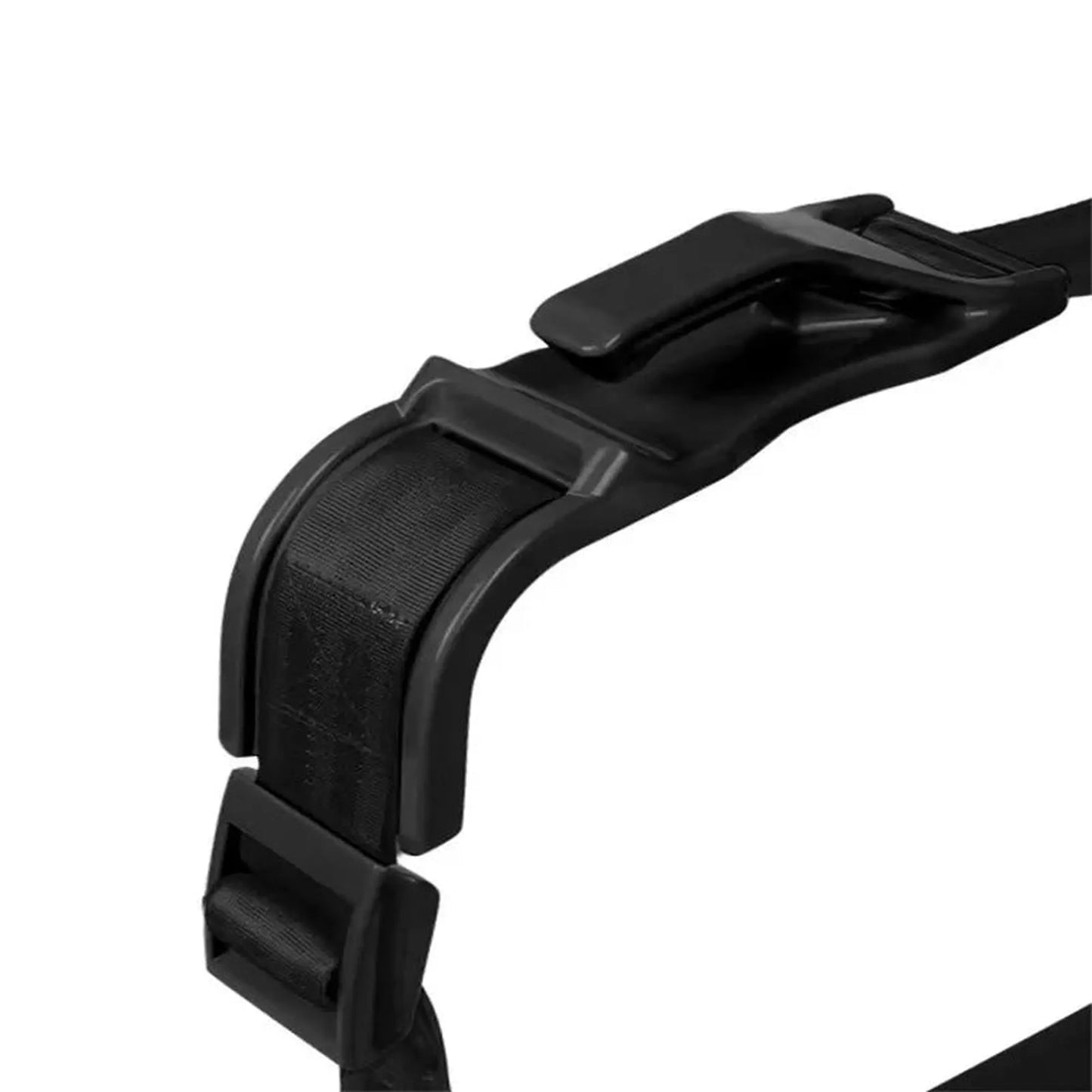 Black pregnancy seat belt adjuster with plastic buckles and soft padding for belly comfort.
