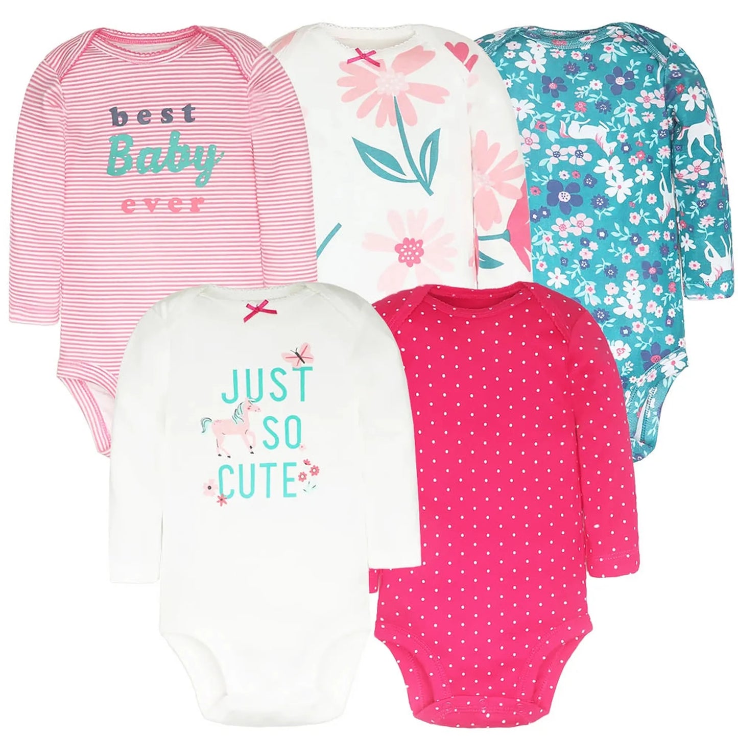 Five long-sleeve cotton baby bodysuits in pink stripes, white floral, teal floral, white unicorn, and pink polka dot.