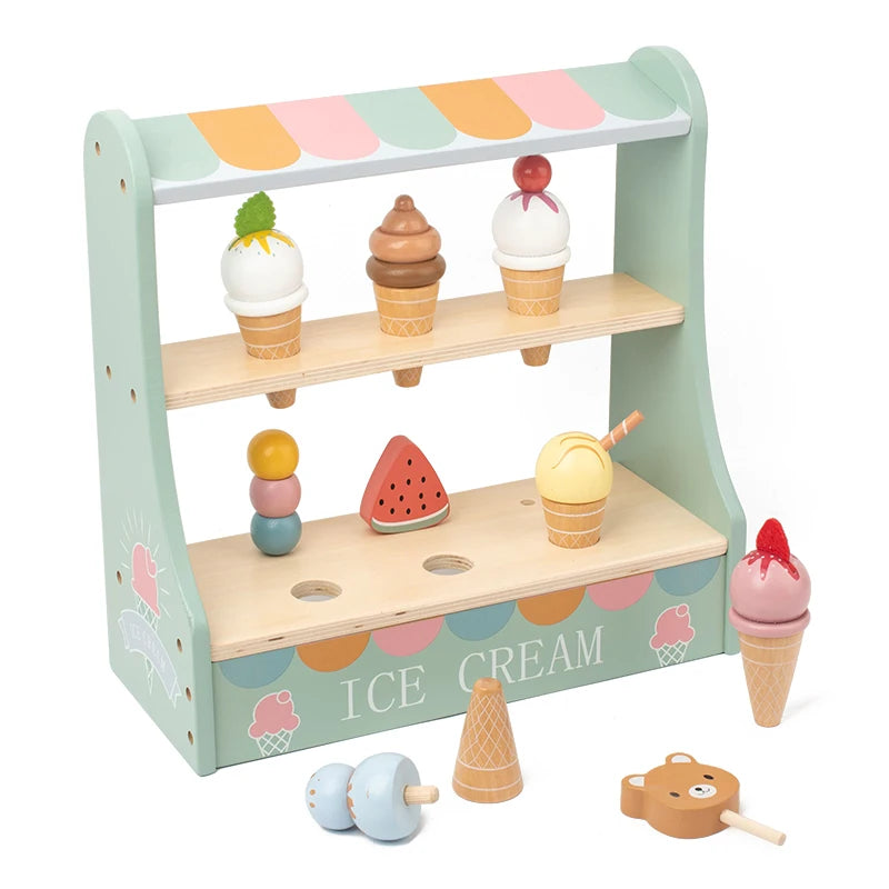 Wooden Montessori ice cream stand with colorful scoops, cones, and popsicles for imaginative play.