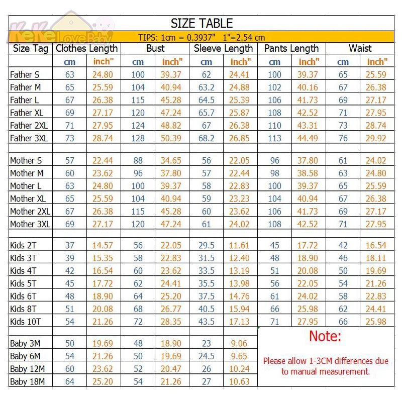 Detailed size chart for family Christmas pajamas, showing measurements for fathers, mothers, kids, and babies.