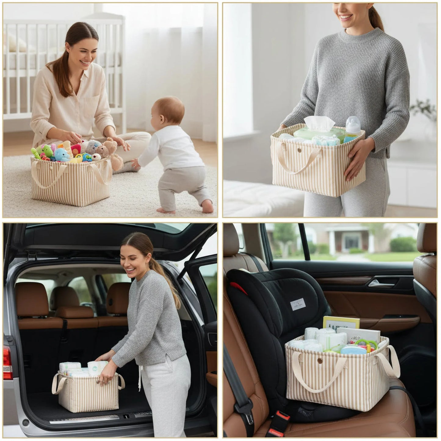 Beige striped corduroy and felt diaper caddy with handles, shown in home, carried, and in car.