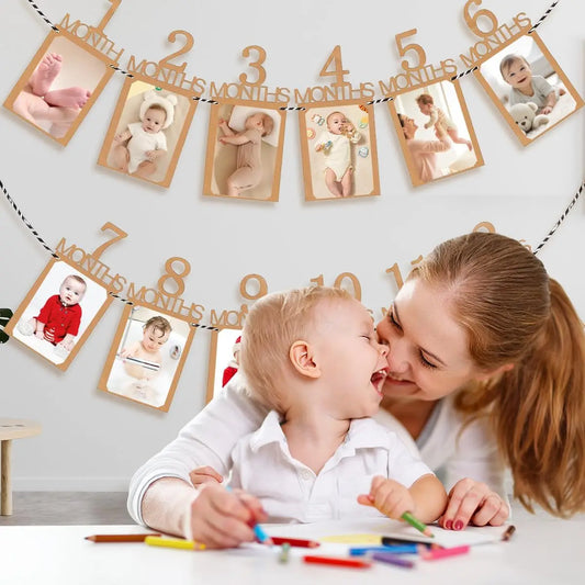 Kraft paper monthly baby photo banner with 12 frames, celebrating a baby's first year.