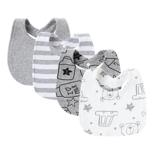 Set of 4 unisex cotton baby bibs in gray and white with stripes, bears, and milk bottle patterns.