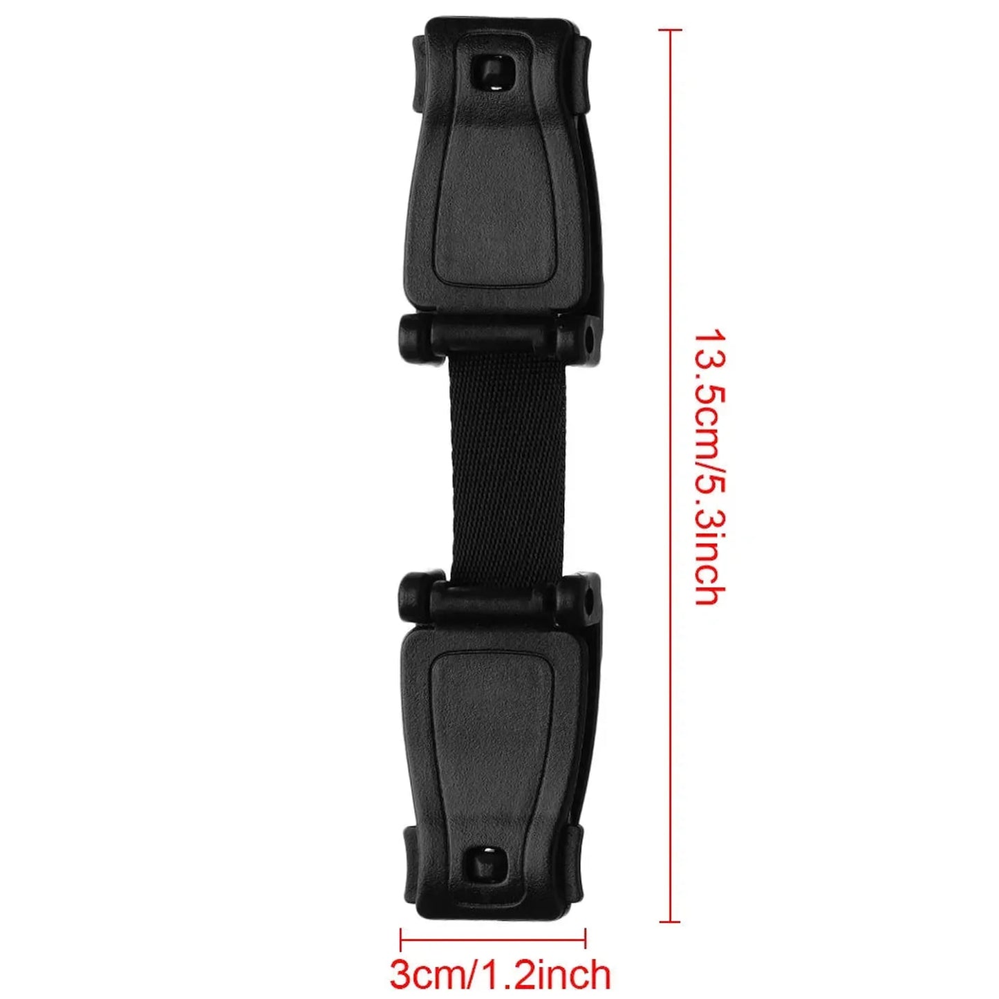 Black ABS car seat safety buckle clip with strap, 13.5cm long, 3cm wide.
