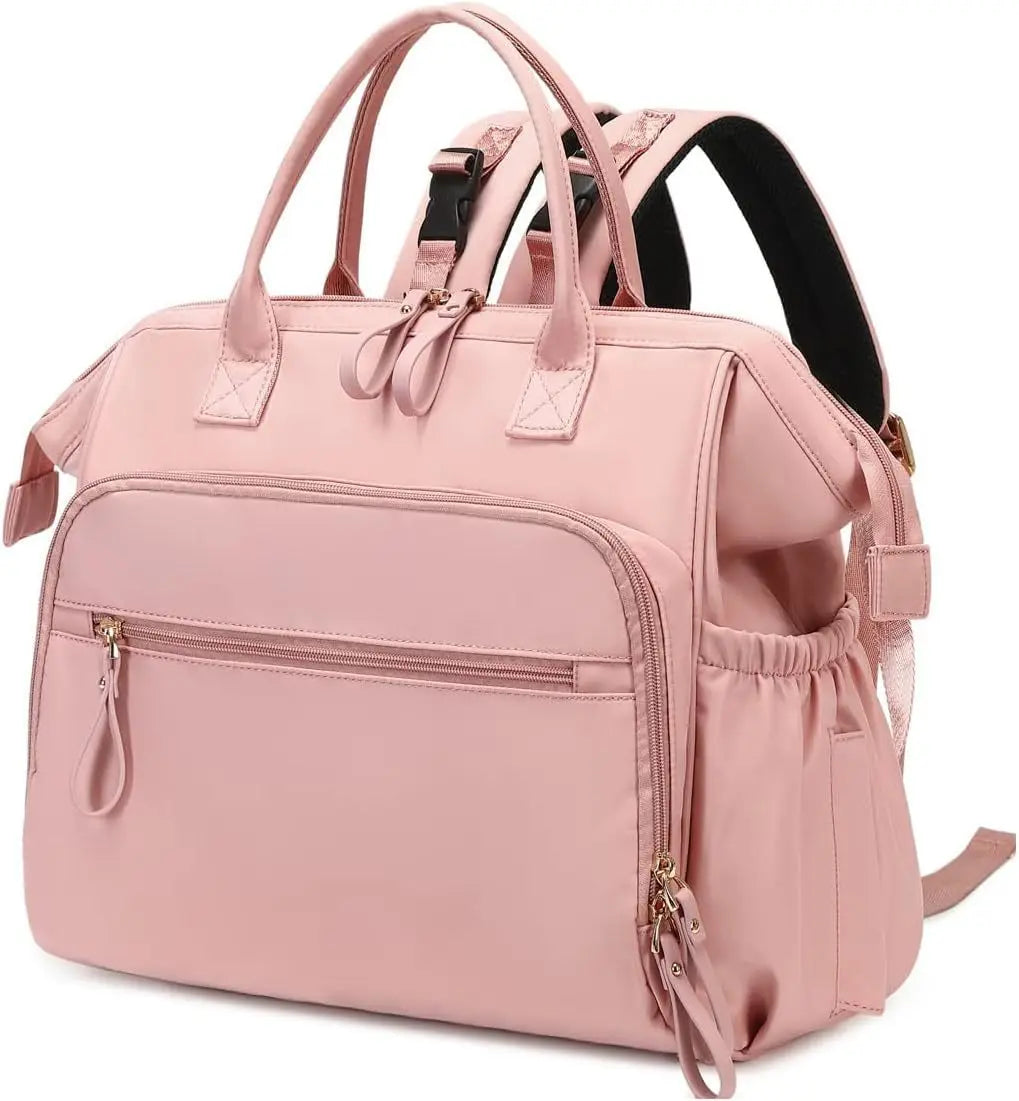 Pink polyester diaper backpack with multiple zippered compartments and stroller straps.