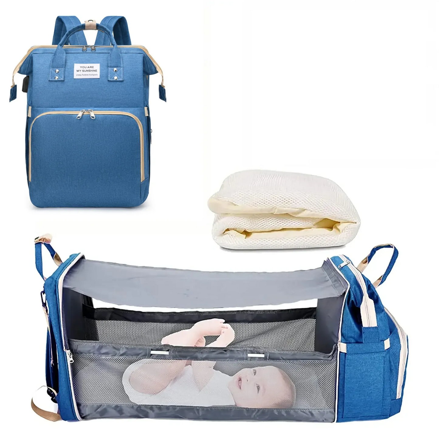 Blue 3-in-1 diaper backpack with foldable baby bed, changing station, and mesh sunshade.