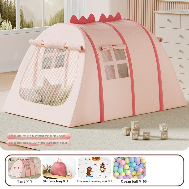 Pink portable kids' play tent with mesh windows, dinosaur spikes, and size options.