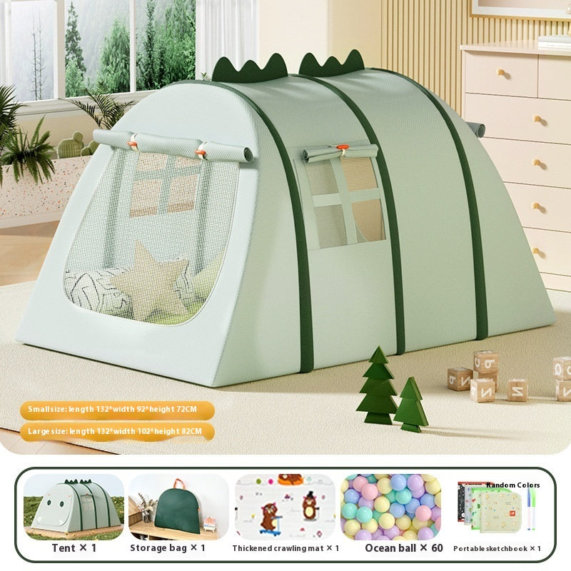 Green dinosaur-themed portable fabric play tent for kids, with mesh windows and roll-up flaps.